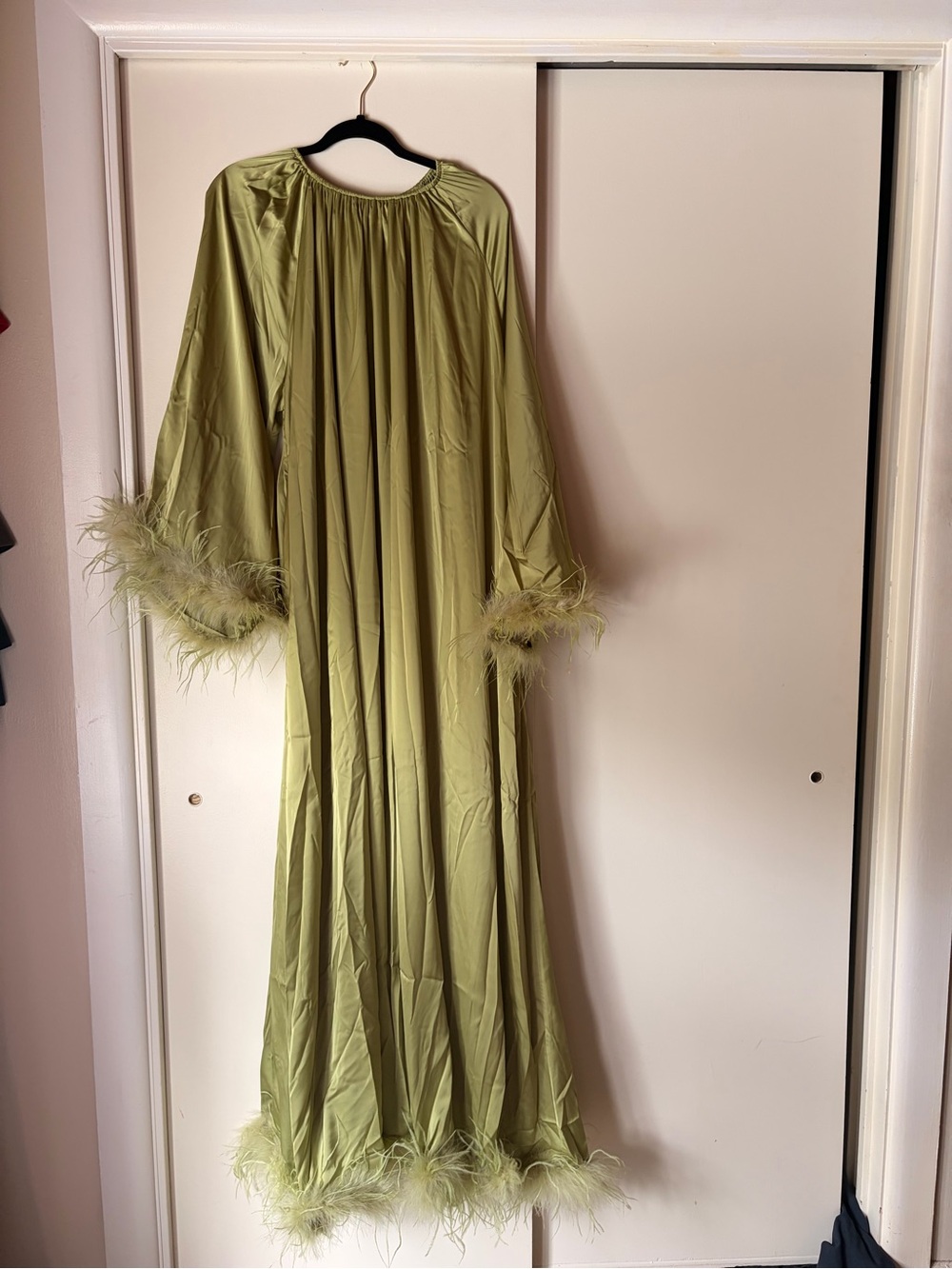 Layla Feather-Trim Olive Green Maxi Kaftan Dress - Picture 3 of 4